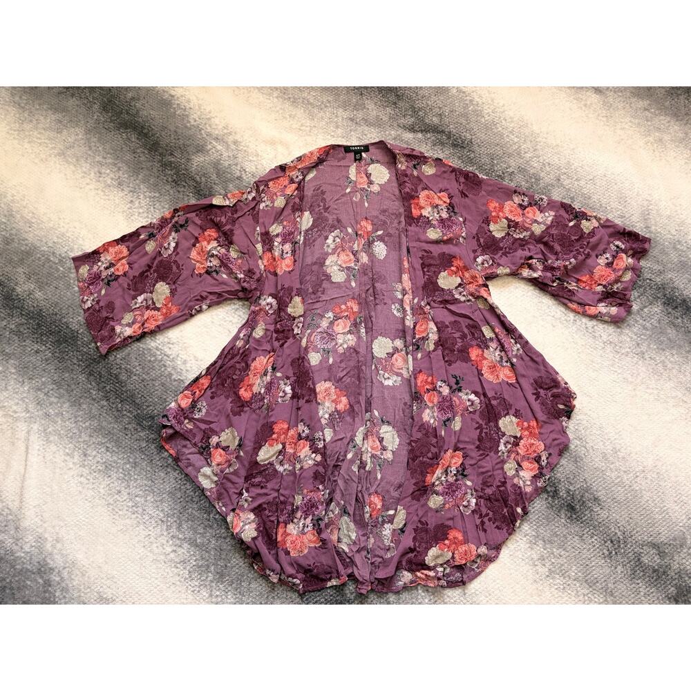 Torrid Purple Floral Crepe Kimono Plus Size 1X 2X Open Front Shirttail Boho